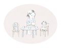 Watercolor baby girl, doll, bunny, dishes and furniture on oval pink backdrop