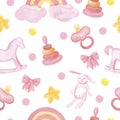 Watercolor baby girl pattern. Pink cute toys