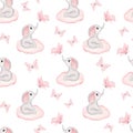 Watercolor baby girl pink elephant and butterfly seamless pattern. Handmade artwork. Royalty Free Stock Photo