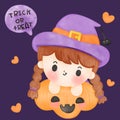 Watercolor Baby Halloween children witch with pumpkin cute vector for party kawaii character