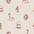Watercolor baby hedgehog and mother cartoon owls, bear and deer seamless pattern. Woodland cute owl hand drawn kid