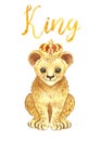 Watercolor baby lion isolated. Cute lion cub in a crown and hand lettering word king on white background. Cartoon illustration Royalty Free Stock Photo