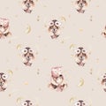 Watercolor baby and mother cartoon owls bear seamless pattern. Woodland cute owl hand drawn kid texture, bird background