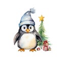 Watercolor Baby Penguin Animal With Christmas Tree Clipart, Watercolor Clip art, Cute Animal PNG, Forest Animals PNG