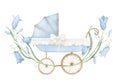 Watercolor Baby Pram with blue flowers in vintage style. Retro kid Stroller in cute pastel colors. Carriage for children Royalty Free Stock Photo