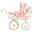 Watercolor Baby Pram with rose flowers in vintage style. Retro kid Stroller in cute pastel pink and beige colors. Cute