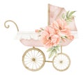 Watercolor Baby Pram with rose flowers in vintage style. Retro kid Stroller in cute pastel pink and beige colors. Cute Royalty Free Stock Photo