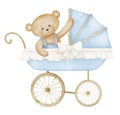 Watercolor Baby Pram with Teddy bear in vintage style. Retro kid Stroller in cute pastel blue and beige colors. Carriage Royalty Free Stock Photo