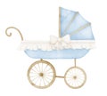 Watercolor Baby Pram in vintage style. Retro kid Stroller in cute pastel blue and beige colors. Carriage for children on Royalty Free Stock Photo