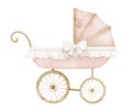 Watercolor Baby Pram in vintage style. Retro kid Stroller in cute pastel pink and beige colors. Carriage for children on Royalty Free Stock Photo