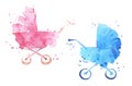 Watercolor baby prams, pink and blue, hand painted