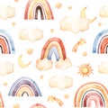 Watercolor baby seamless pattern. Colorful rainbow and golden stars, moon and sun. Abstract background of color arcs and starry Royalty Free Stock Photo