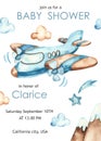 Watercolor baby shower for boys with airplane, clouds, mountains, stars