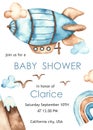Watercolor baby shower for boys with airship, clouds, mountains, rainbow Royalty Free Stock Photo