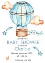 Watercolor baby shower for boys with hot air balloon, clouds, stars