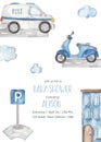 Watercolor baby shower card City transport with mail car, scooter, road sign, house, road, clouds Royalty Free Stock Photo