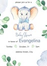 Watercolor baby shower card with cute cartoon baby elephant boy Royalty Free Stock Photo