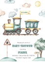 Watercolor baby shower with cute cartoon train sideways on rails with railway sign and tree Royalty Free Stock Photo