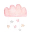 Watercolor Baby Shower Illustration. Pastel Pink Cloud with Hanging Hearts and Stars.