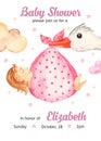 Watercolor baby shower for newborn girl with baby and stork