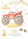 Watercolor baby shower with red monster truck, flags, travel pin, ribbon Royalty Free Stock Photo