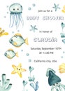 Watercolor baby shower with underwater creatures, jellyfish, squid, fish, seaweed