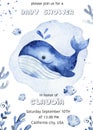Watercolor baby shower with underwater creatures, whale, fish, algae