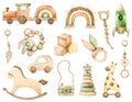 Watercolor baby wooden toys. Children rocking horse, rainbow, car, train, rocket, cubes, teething toy, pyramid, camera Royalty Free Stock Photo