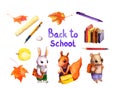 Watercolor Back to school set - character animals, books, autumn leaves, apple, pen, pencils. Bundle of isolated