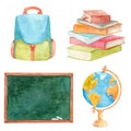 Watercolor back to school set with globe, board, backpack and books set isolated on white background