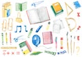 Watercolor Back to school set - notebooks, pens, pencils, scissors, rules, markers, office supplies.