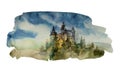 Watercolor backdrop with castle on the hill. Original illustration of medieval european castle isolated on white background