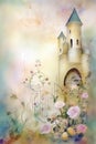 Watercolor backdrope in pastel tones with roses flowers and a medieval castle. Generative AI