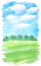 watercolor background with field green grass, clouds on blue sky and trees line on horizon hand drawn illustration