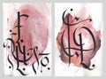 Abstract calligraphy arabesque illustration on pink watercolor background