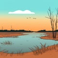 Australian Wetland Sunset: Minimalist Pop Art Illustration