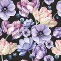 Watercolor background black pattern with tulip, bud, anemone, blueberries