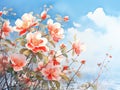 Watercolor background with blooming Japanese camellia. illustration. Generative AI