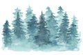Watercolor background with blue coniferous forest