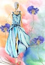 Watercolor background with blue flower and sketh model