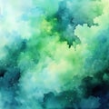 Watercolor background with blue and green clouds and richly detailed scenery