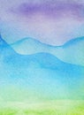 Watercolor background blue sky, purple mountains, green meadow. Gradient