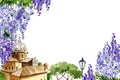 watercolor background with branch of wisteria blossom flowers and old European town, hand drawn illustration with spring