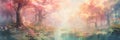 watercolor background that captures the mystical allure of an enchanted forest with soft, ethereal colors and delicate