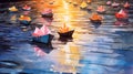 watercolor background capturing the whimsy of paper boats sailing in a puddle after the rain.