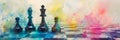 watercolor background with chessboard with surreal figures, survival game. Royalty Free Stock Photo