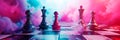 watercolor background with chessboard with surreal figures, survival game.