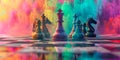 watercolor background with chessboard with surreal figures, survival game. Royalty Free Stock Photo