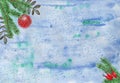 Watercolor background christmas with fir branches, rowan leaves and ball in corner border decoration design Royalty Free Stock Photo