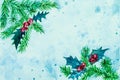 Watercolor background. Christmas watercolor horizontal composition with holly berries, spruce and pine branches. watercolors